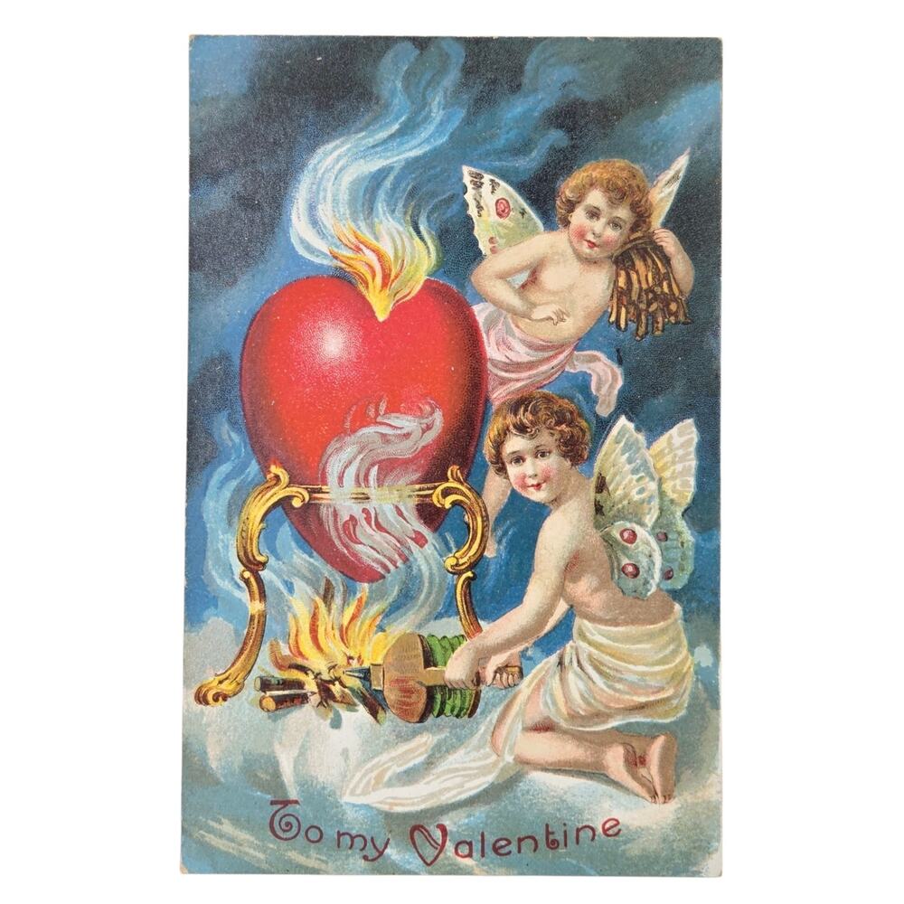 Vintage Valentine Postcard 2 Cupids Feed Fire Under Flaming Red Heart Unposted